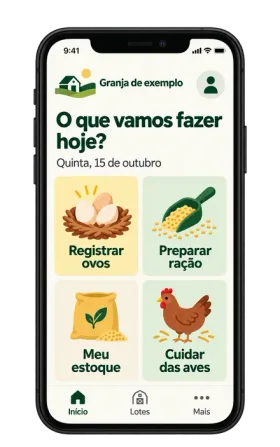 Illustrative MinhaGranja interface with actions for egg recording, feed, stock and bird care.