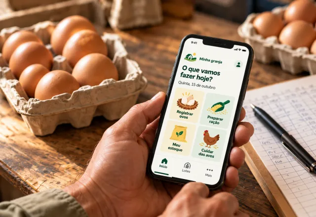 Illustrative composition: hands using MinhaGranja on a phone beside egg trays and farm records.